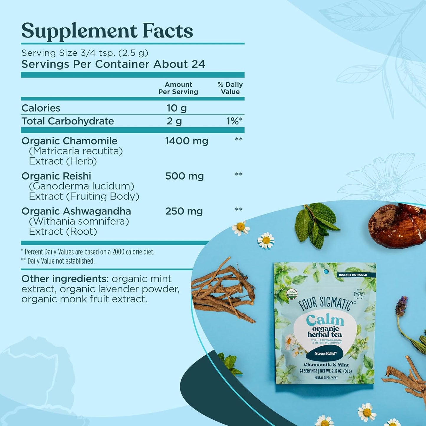 Four Sigmatic Calm Organic Herbal Tea | Stress Relief Tea with Ashwagandha & Reishi | Instant Adaptogenic Drink for Relaxation | Vegan, Gluten-Free | Chamomile & Mint, 24 Servings