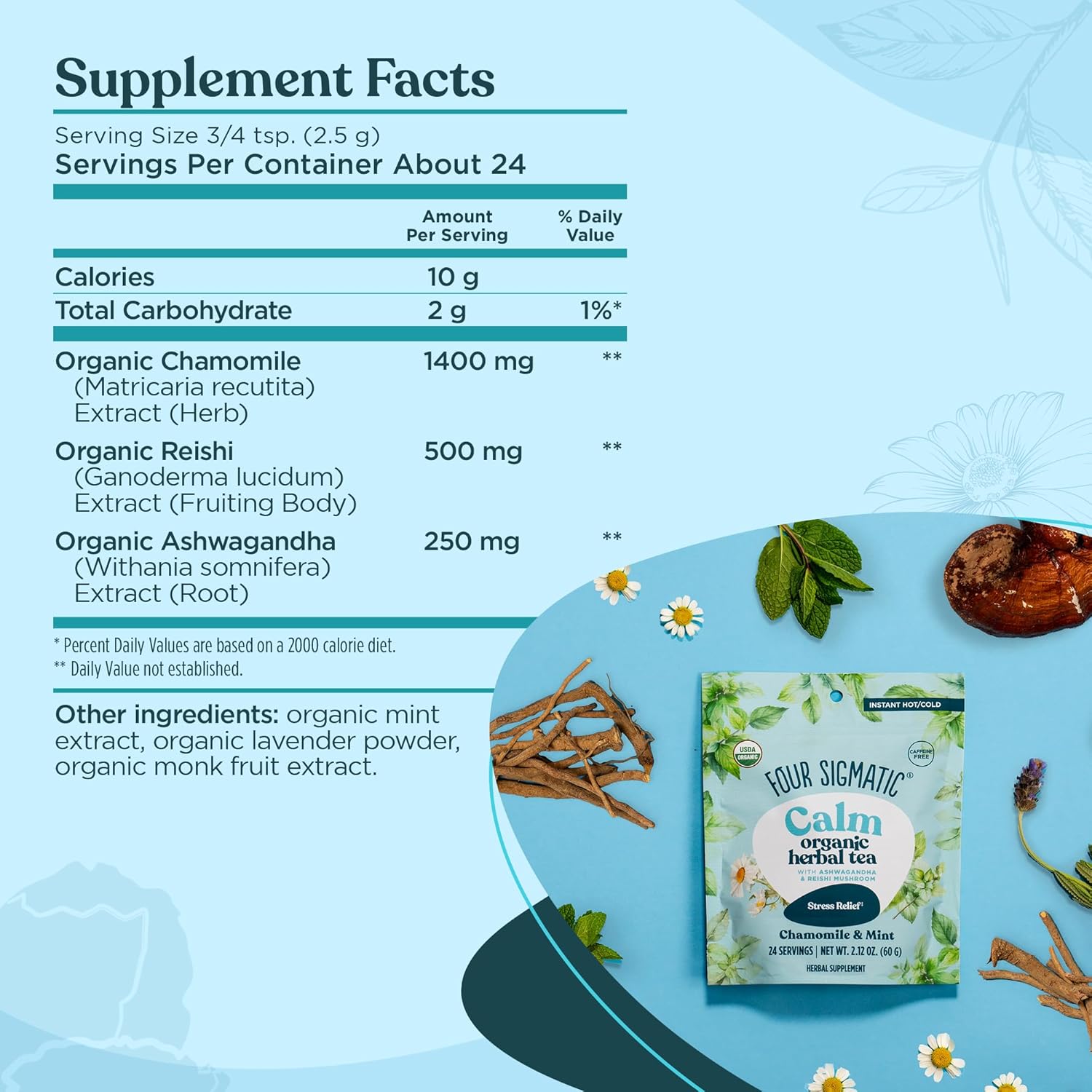 Four Sigmatic Calm Organic Herbal Tea | Stress Relief Tea with Ashwagandha & Reishi | Instant Adaptogenic Drink for Relaxation | Vegan, Gluten-Free | Chamomile & Mint, 24 Servings