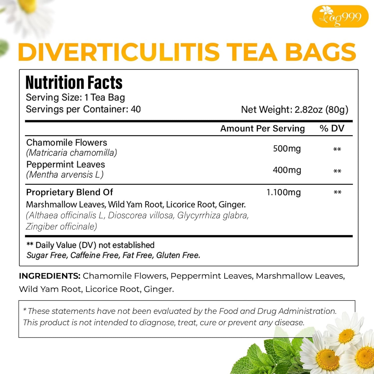 TOG999, Diverticulitis Tea Bags | 40 Count | 100% Natural Chamomile, Peppermint, Marshmallow Leaf, Wild Yam Root, Licorice & Ginger Herbal Blend – Caffeine-Free Comfort Tea, Vegan.