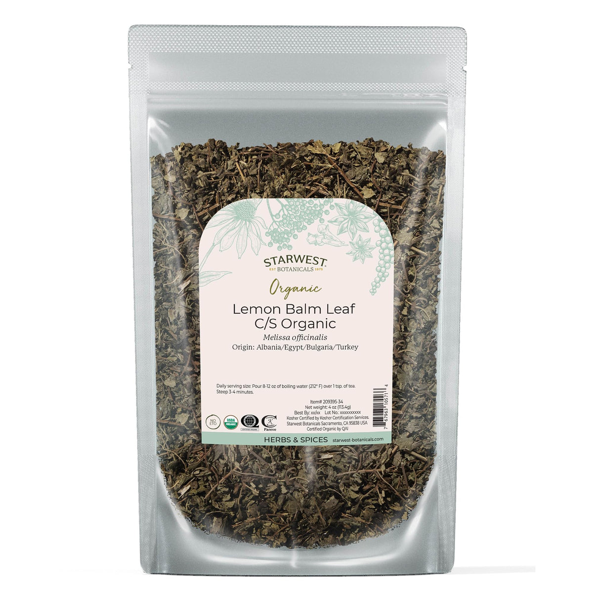 Starwest Botanicals Organic Lemon Balm Leaves, Certified Kosher - 4 oz Bag