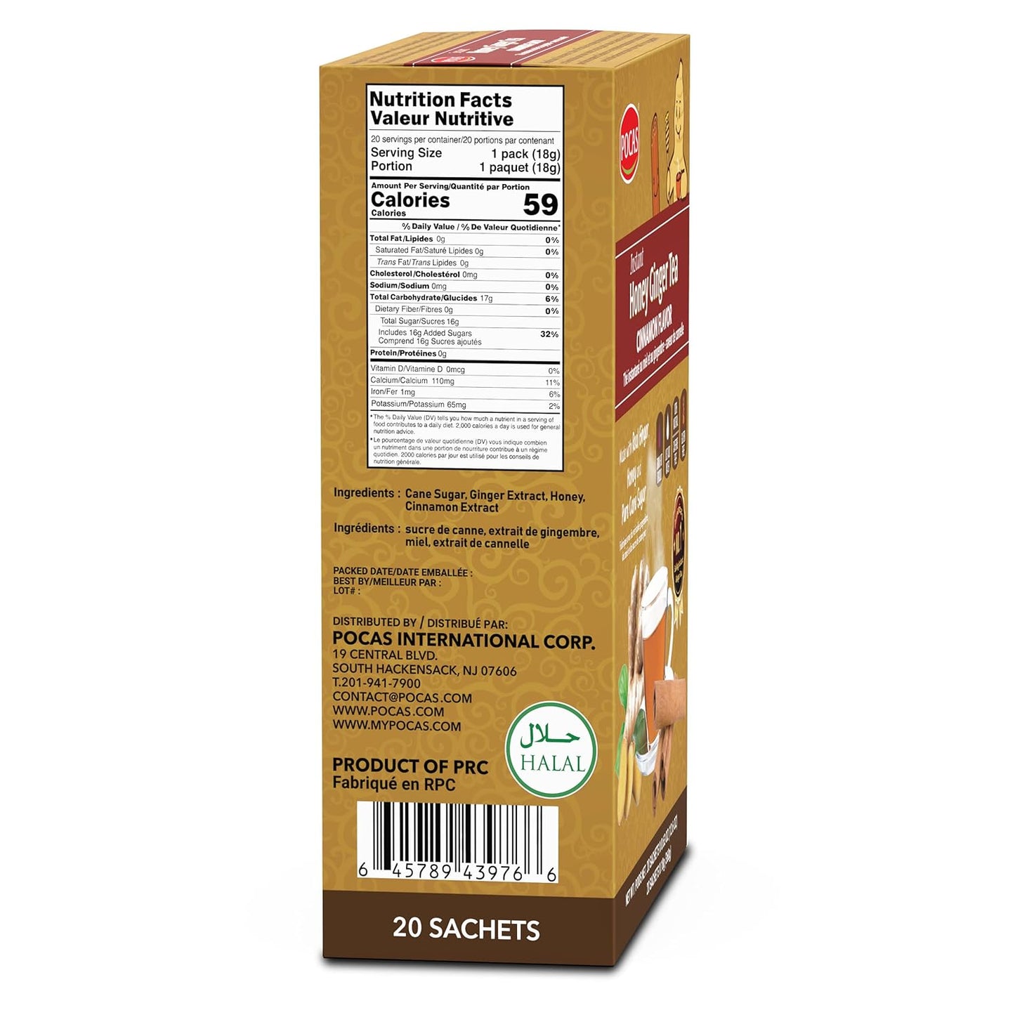Pocas Tea Powder, Honey Ginger with Cinnamon, 20 Count (Pack of 2)
