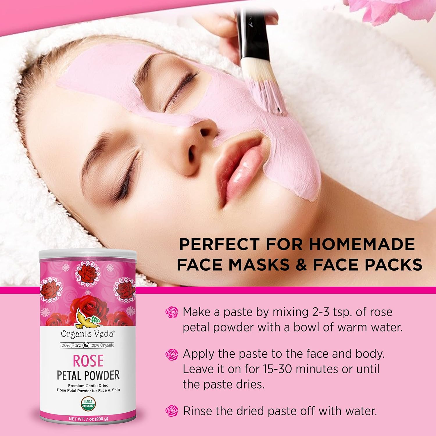 Organic Veda Rose Petals Powder - USDA Organic Edible Dried Rose Petals for Tea, Baking, Drink Mix, DIY Beauty Skin Care