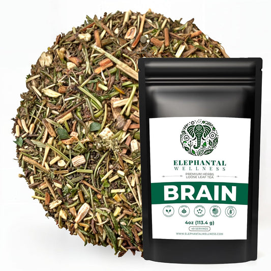 Elephantal Wellness Premium Brain Herbal Tea | Botanical Blend with Ginkgo, Bacopa, Ashwagandha &amp; Gotu Kola | Handmade, Caffeine-Free, Non-GMO Loose Leaf Herbal Tea, 4oz Loose Leaf, 40 Servings