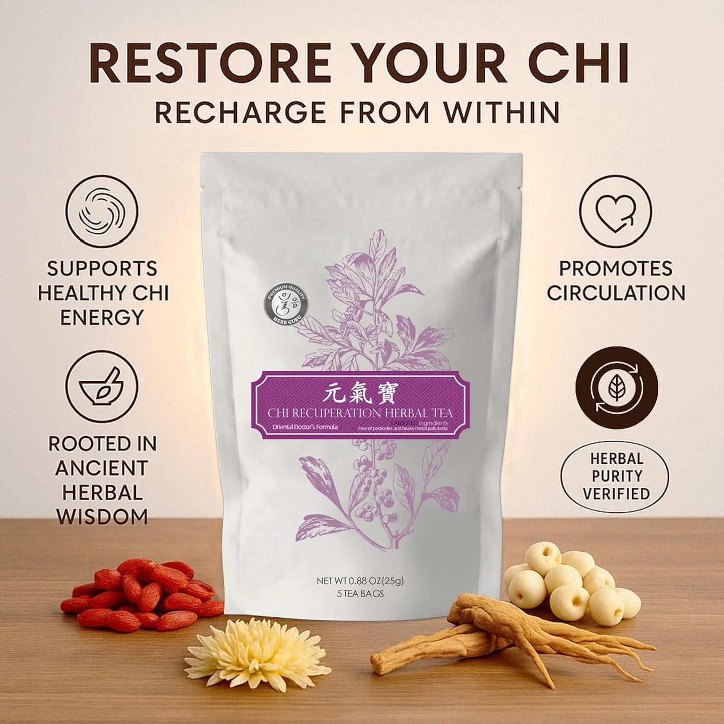 Herb Guru CHI Recuperation Tea Bags | Traditional Herbal Blend With 5 Tea Bags for Daily Balance, Comfort, and Unwinding | No Caffeine Wellness Gifts and Relaxation Gifts for Any Season