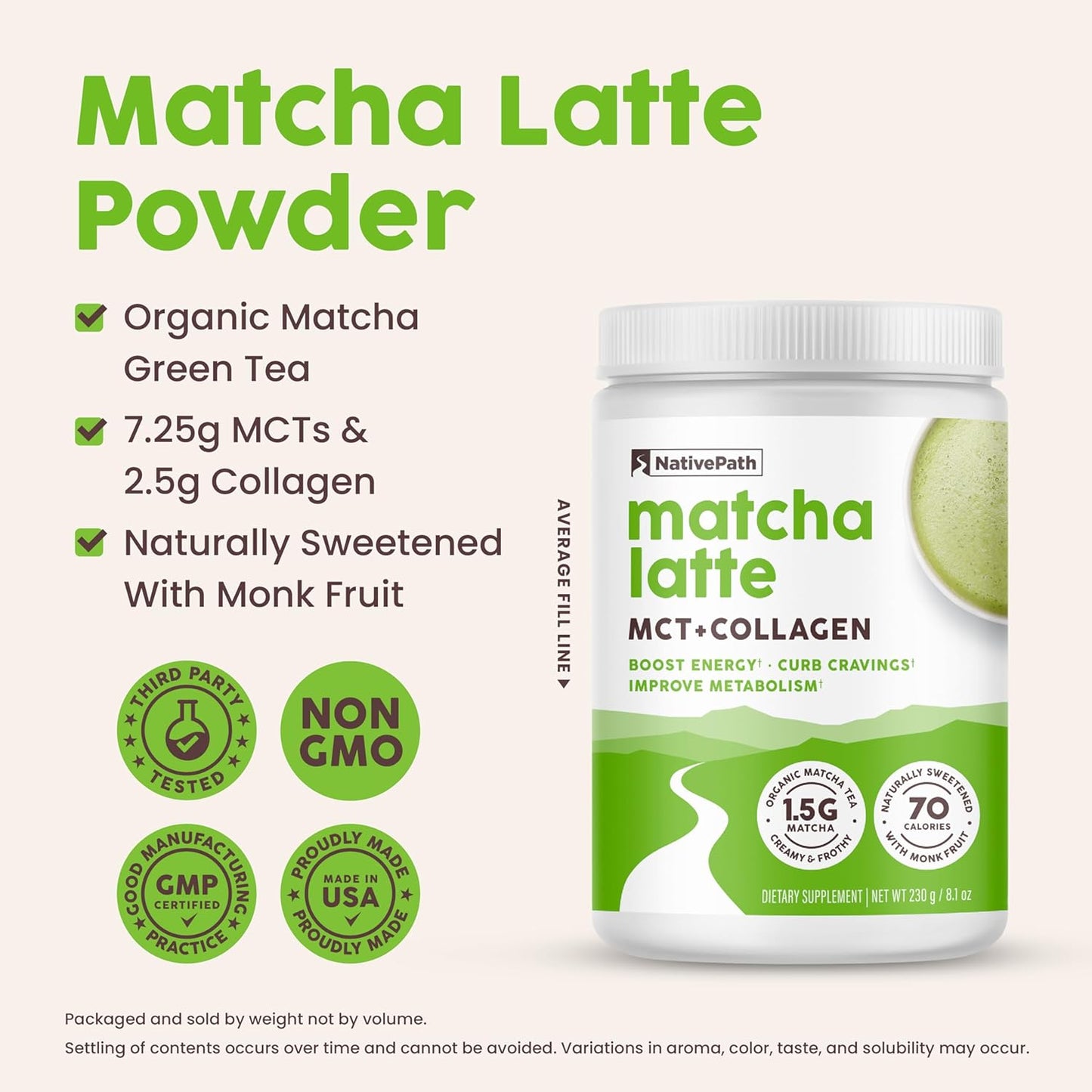 NativePath Matcha Latte Collagen Peptides with MCT Oil - Grass-Fed Collagen & Organic Matcha for Energy & Focus - Keto, No Gluten or Dairy (8.1 oz)