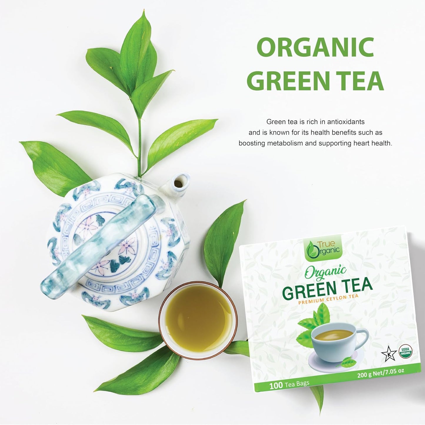 True Organic Premium Ceylon Green Tea |100 Count Tea Bags | USDA Organic & Kosher Certified |100 Envelop Organic Green Tea for Your Home & Cafe.