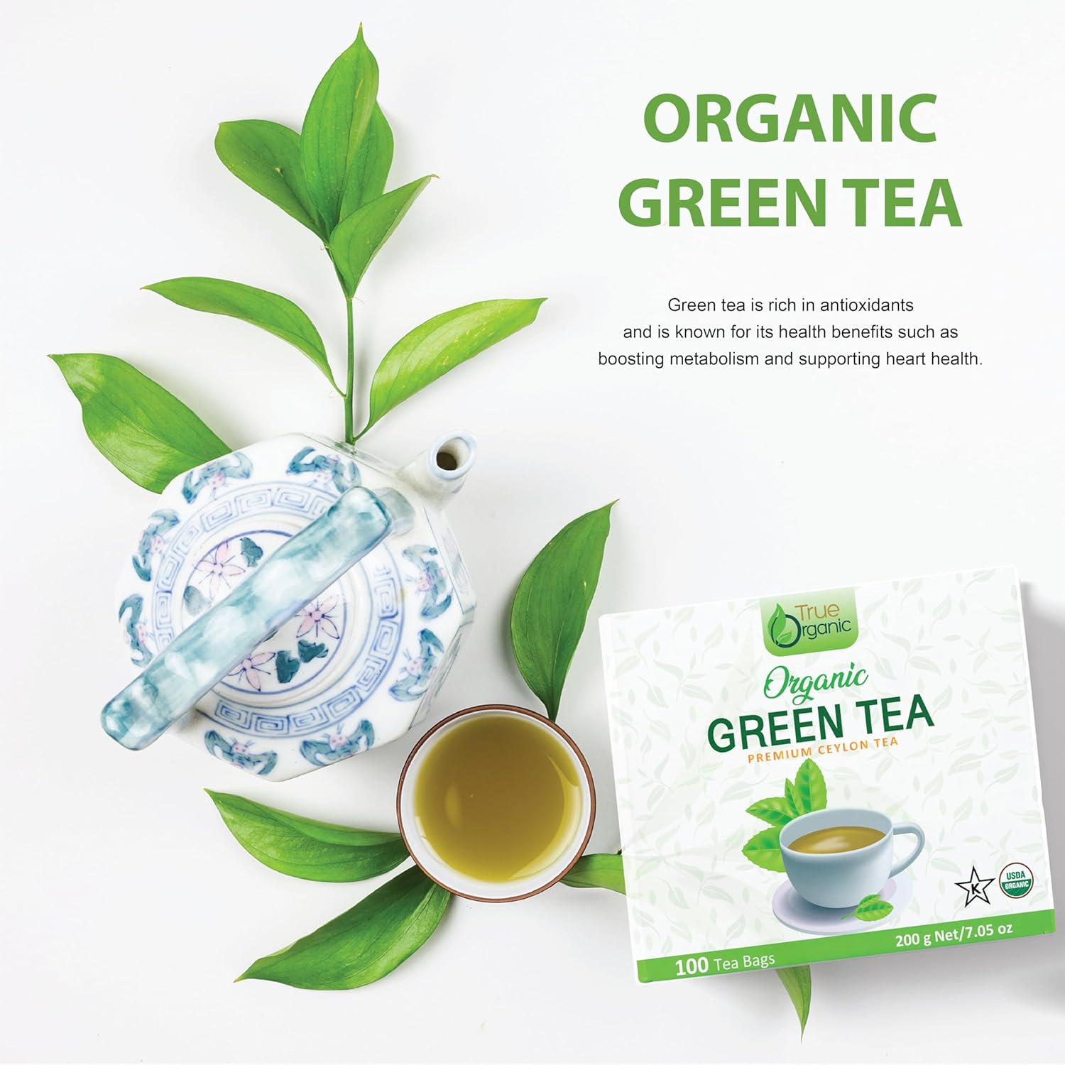 True Organic Premium Ceylon Green Tea |100 Count Tea Bags | USDA Organic & Kosher Certified |100 Envelop Organic Green Tea for Your Home & Cafe.