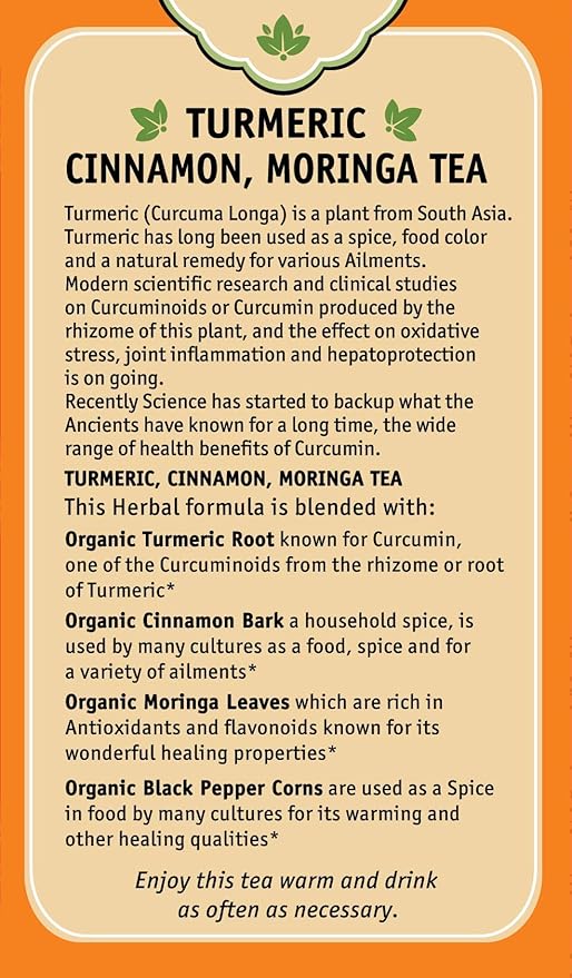 Herbal Cup Ayurveda Turmeric Tea, Organic Cinnamon Moringa, No Caffeine Herbal Supplement (16 Count, Pack of 6)