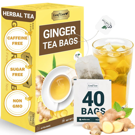 LeafLea Ginger Tea Bags, Pure Ginger Root Herbal Tea, 40 Count | Strong &amp; Spicy Single-Ingredient Brew, Individually Foil-Wrapped For Freshness, Caffeine-Free, Sugar-Free, Vegan