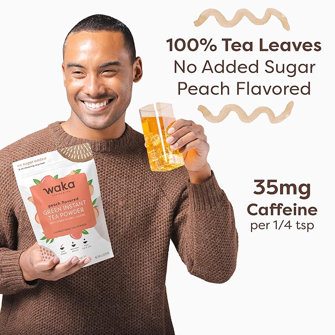 Waka Instant Green Tea Mix, Peach Flavored - 100% Tea Leaves, No Additives, Unsweetened Tea Powder in Bulk Pouch – Easy Quick Hot and Iced Teas, Up to 200 Cups (4.5oz)