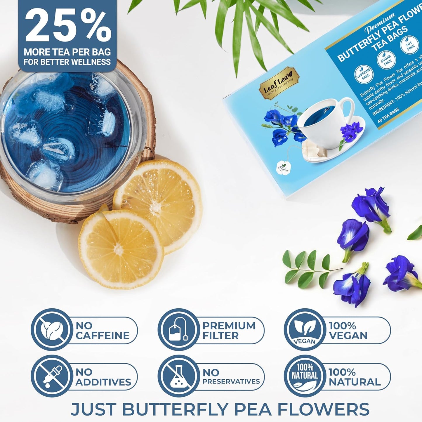 LeafLea Butterfly Pea Tea Bags, 100% Butterfly Pea Flowers, 80 Count