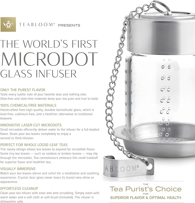 Teabloom Puresteep Glass Tea Infuser with Lid & Drip Tray – Non-Toxic Borosilicate Glass Loose Leaf Steeper with Stainless Steel Chain – Small or Large Size