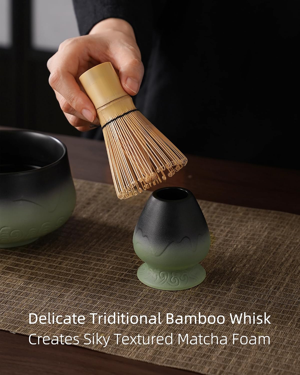 ZENS Premium Matcha Whisk Set, 5pcs Matcha Kit with Matcha Tools, Green | Matcha Kit Icludes Matte Ceramic Bowl, Bamboo Whisk, Chasen Holder, Scoop, 304 Sifter and Tea Mat, Matcha Lovers Gifts
