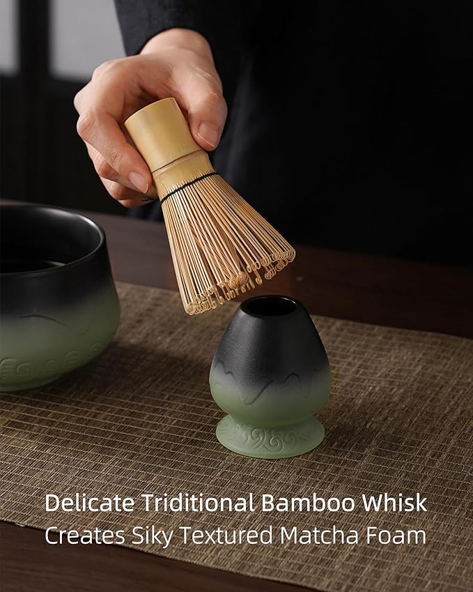 ZENS Matcha Whisk Set, 7pcs Matcha Kit Set with Ceramic Bowl and Matcha Cup, Bamboo Whisk & (Chasen Holder) Sifter, Scoop -Tea Towel, Japanese Chawan for Matcha-Making, Sage Green