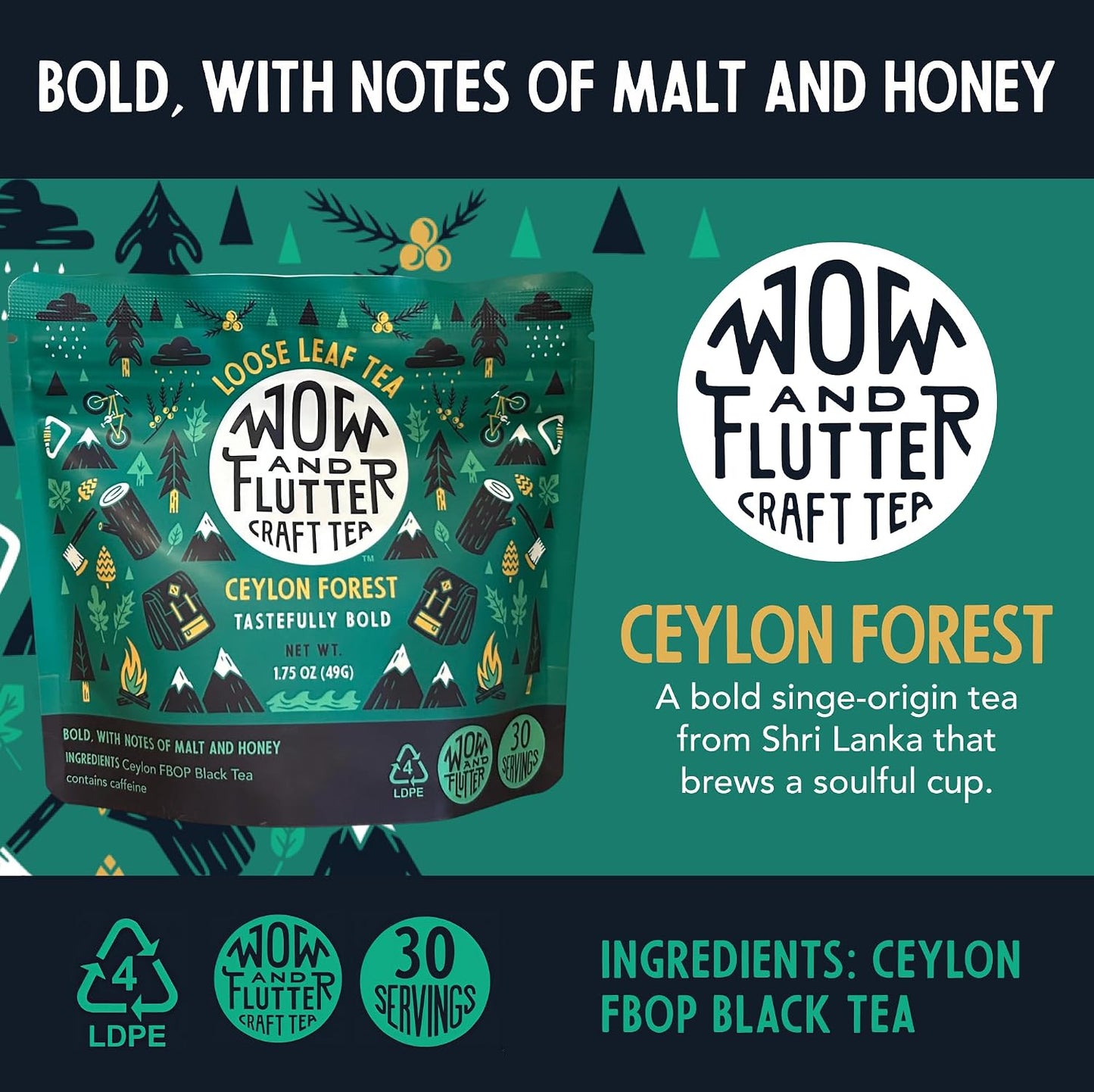 Wow and Flutter Ceylon Forest Loose Leaf Black Tea, Sri Lankan FBOP 1.75 oz | Single-origin grown with bold, smooth flavor natural sweet malt + honey notes for daily enjoyment, small-batch fresh packed