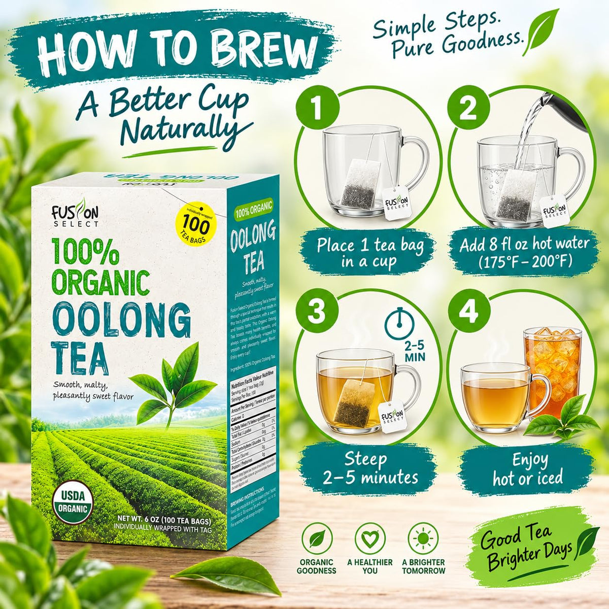 Fusion Select Organic Oolong Tea Bags, 100 Count Individually Wrapped