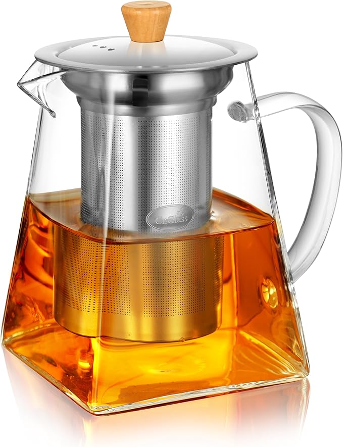 Cnglass Glass Teapot with Infuser,24oz Clear Glass Tea Kettle with Removable Stainless Steel Strainer