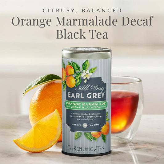 The Republic of Tea Decaf Orange Marmalade Black Tea, 36 Count | Decaffeinated. All Day Earl Grey collection. Notes of bright bergamot and lively citrus. Gluten Free.