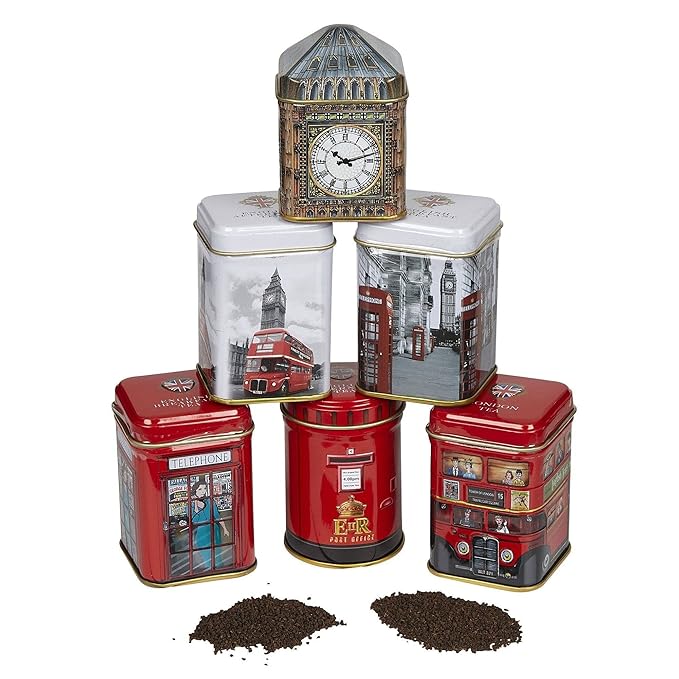 Iconic London Sights 6x Tea Tins with Fine English Breakfast Loose Leaf Tea, British Souvenir, Big Ben, UK Foods (Pack of 2)