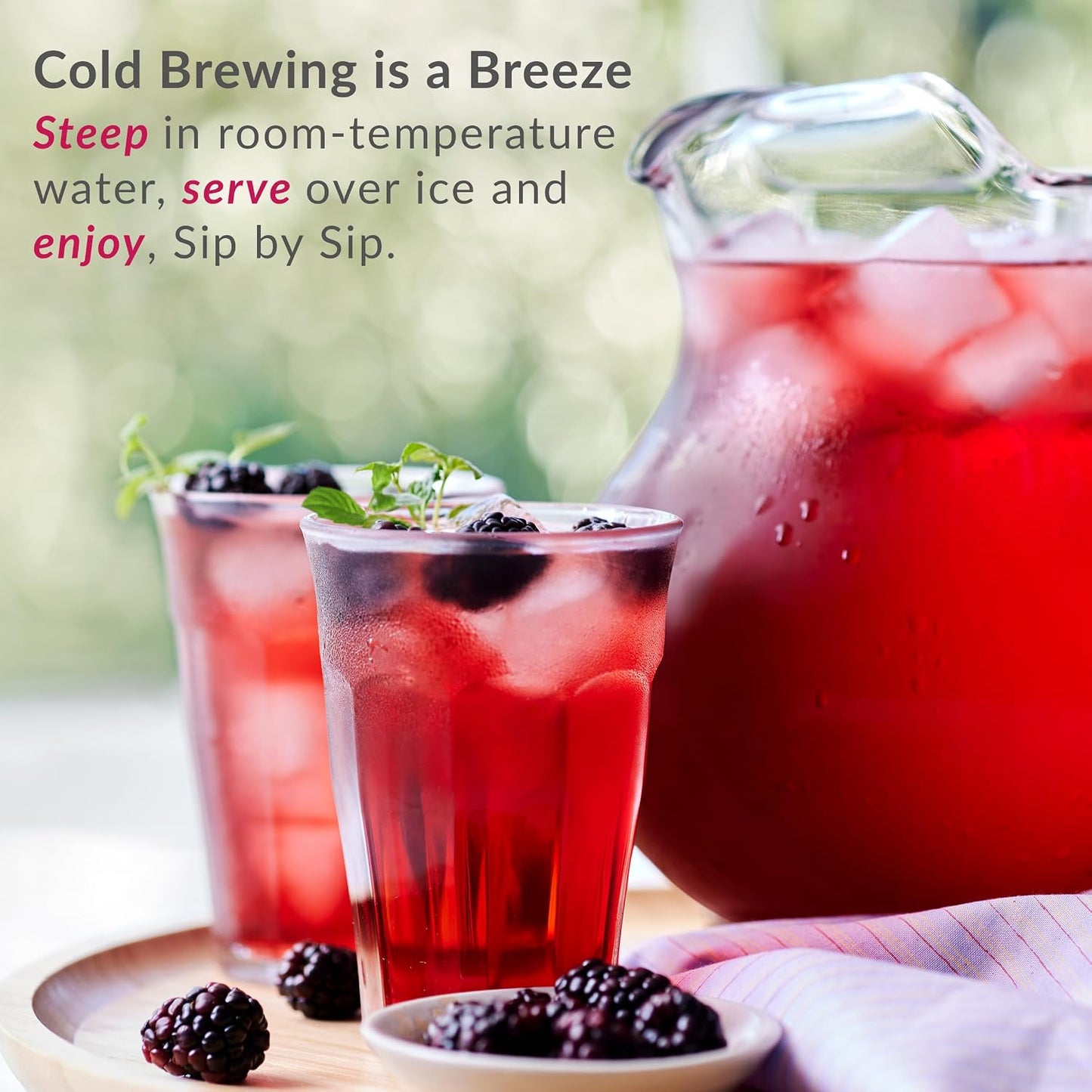 The Republic of Tea Cold Brew Hibiscus Aronia Blackberry Iced Tea, 6 Ct | Herbal Tea, Caffeine Free, Cold Brew Hibiscus with Dark Berry Flavor, Rosehips and Aronia Berry Bits