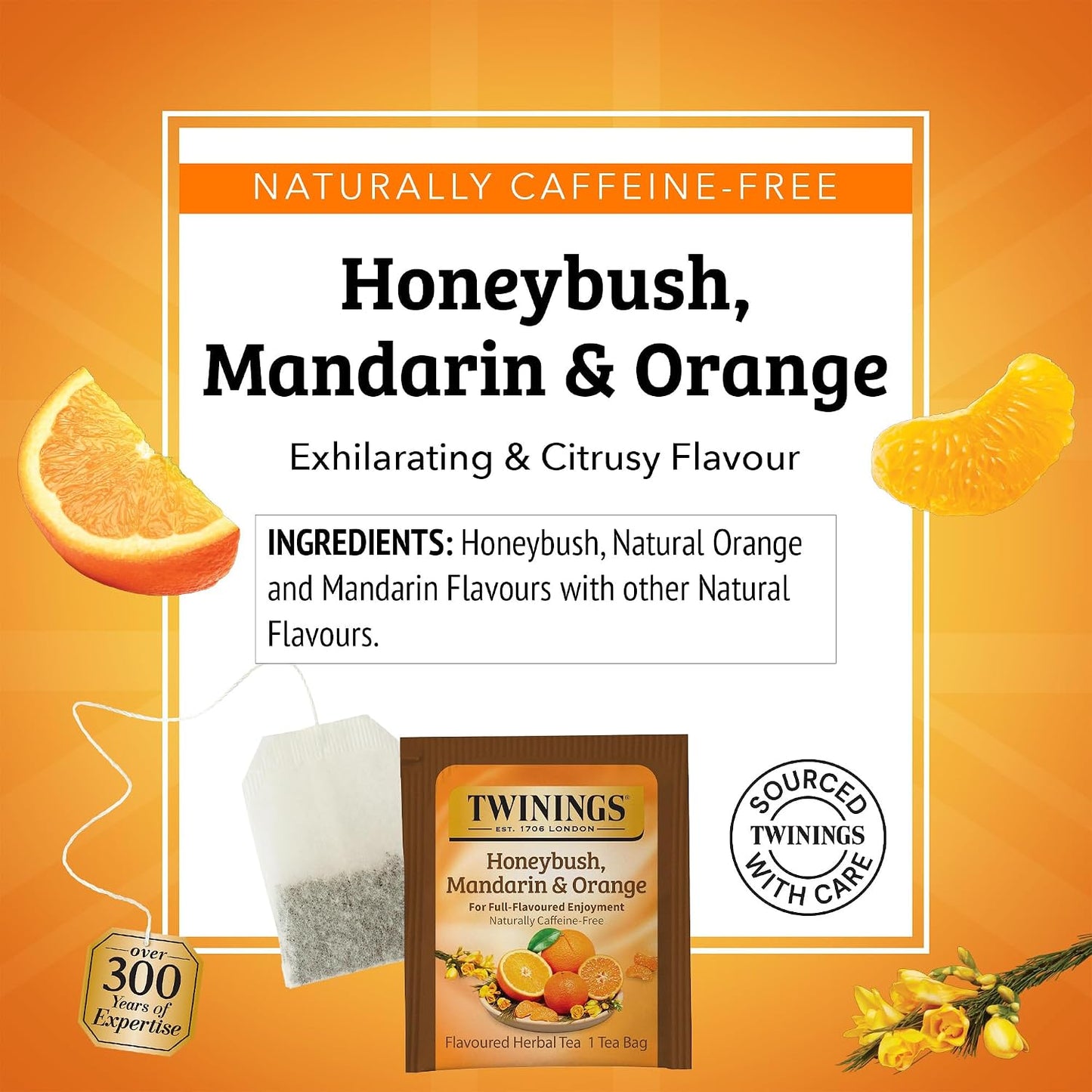 Twinings Honeybush, Mandarin &amp; Orange Herbal Tea Bags, 20 CT Box (6 Pack) | South African Honeybush Flavourful Citrus, Naturally Caffeine-Free, 120 Foil Lined Individually Wrapped Bags, Enjoy Hot/Iced