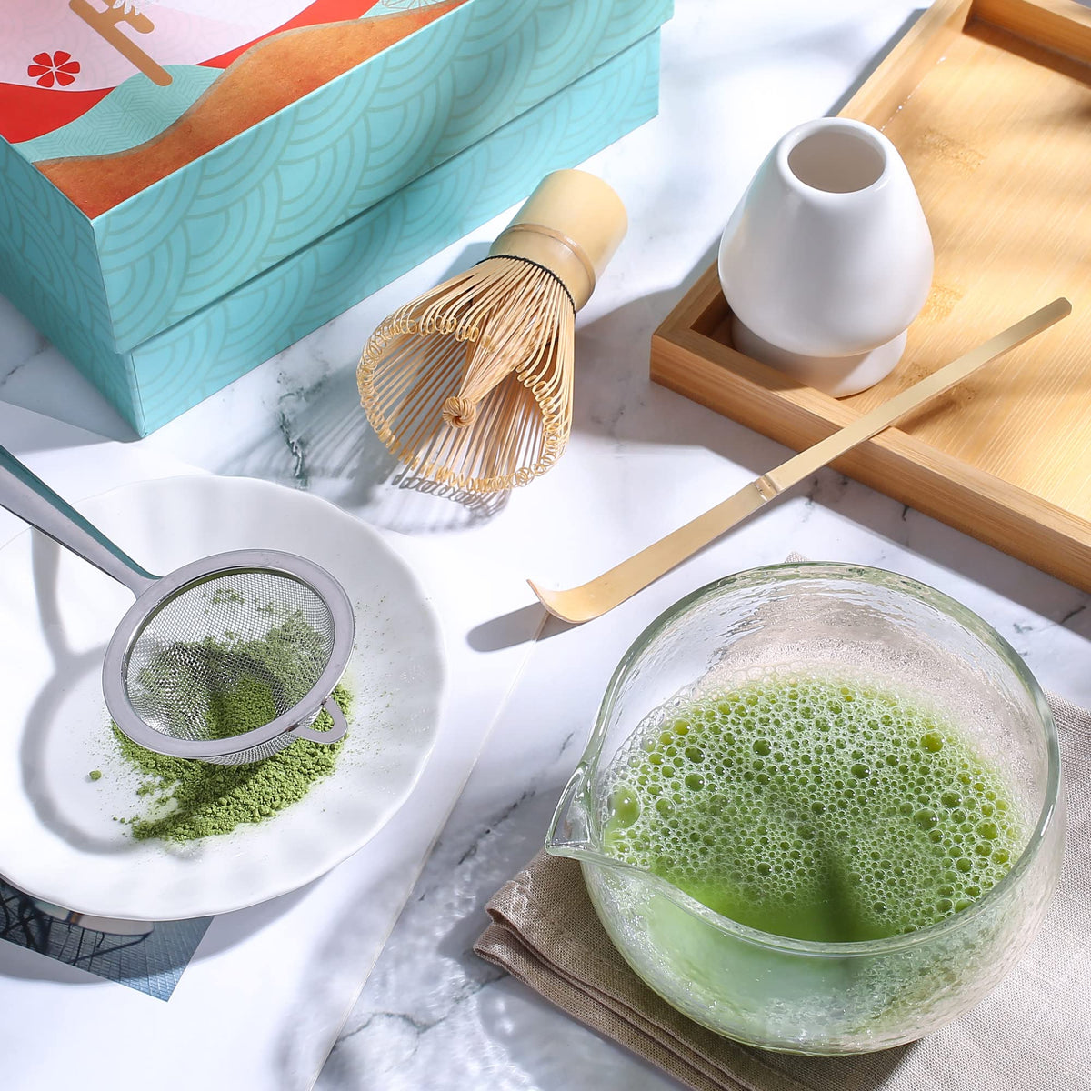 ZENRC Textured Glass Matcha Bowl With Pouring Spout - Handmade Japanese Style Matcha Green Tea Ceremony Chawan 400ml 13.5 oz