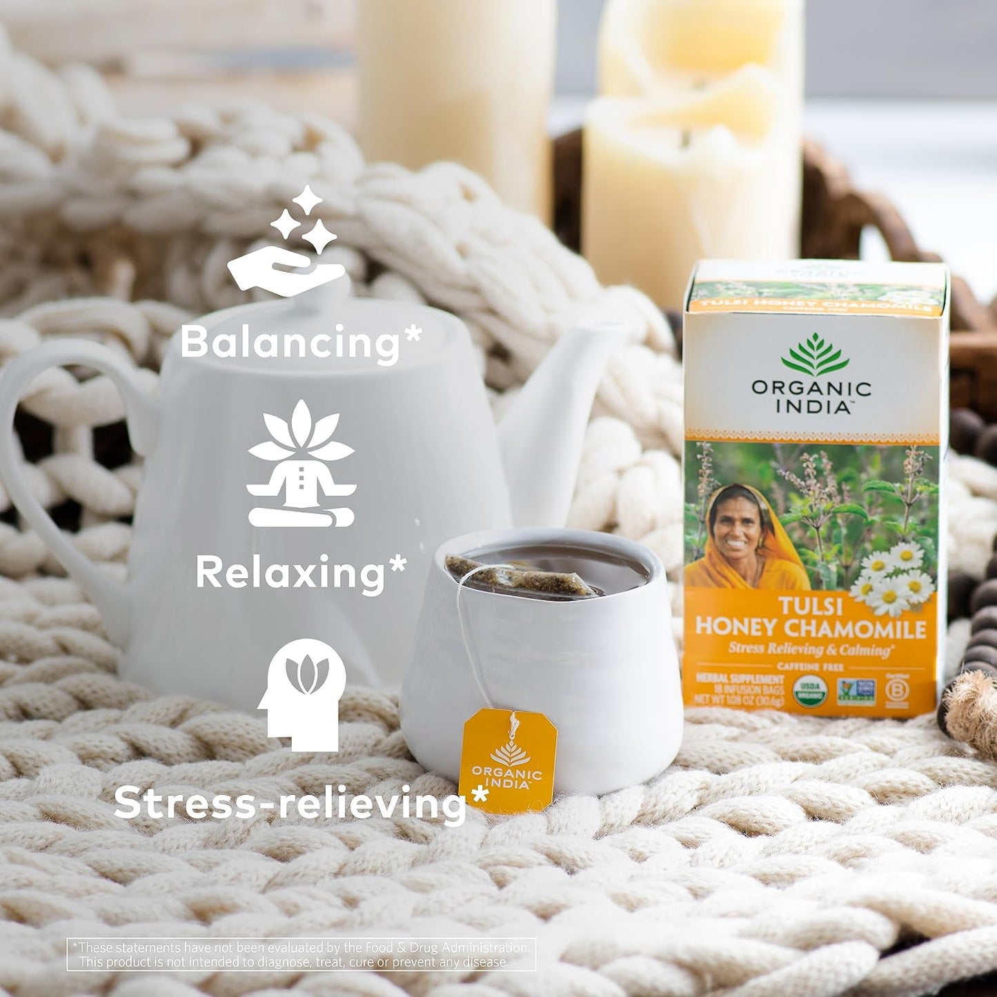 Organic India Tulsi Honey Chamomile Tea Bags - Herbal Tea for Stress Relieving &amp; Calming, Immune Support, Adaptogen, Gluten-Free, USDA Certified Organic, Caffeine-Free - 18 Infusion Bags, 6 Pack | Herbal Tea for Stress Relieving &amp; Calming, Immune