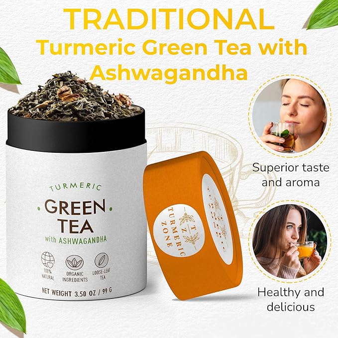 Turmeric Zone Organic Turmeric and Ashwagandha Green Tea - 3.5 oz (Pack of 1) - Includes Stainless Steel Tea Infuser