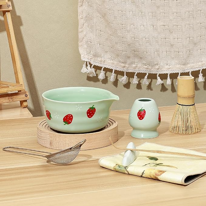 Koythin 7-Piece Ceramic Matcha Whisk Set, Adorable Strawberry Bowls Set with Whisk Holder Scoop Towel, Aesthetic Matcha Bowl Set for Ceremony (Blue-Green)