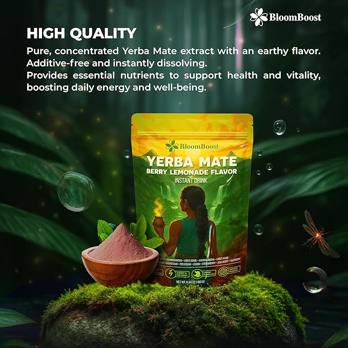 Yerba Mate Instant Tea Powder – Yerba Mate, Ashwagandha, Lion’s Mane, Chlorophyll, Berry Lemonade Flavor – 6.34 oz (18 Servings) – Sugar-Free, Gluten-Free, Superfood Energy & Focus Blend