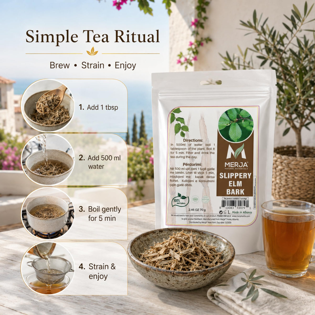 Merja Slippery Elm Bark Loose Leaf Tea — Real Whole Bark Pieces Not Powder — Naturally Rich in Mucilage — Traditional Herbal
