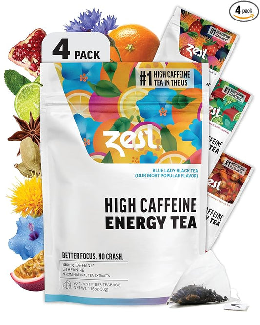 Zest Energy Tea Assortment Box – High Caffeine Tea Bags Sampler with Black & Green Tea – Caffeinated Coffee Alternative for Morning Focus – 80 Tea Bags – 135-150mg Caf per Cup – Natural, Non-GMO, Keto