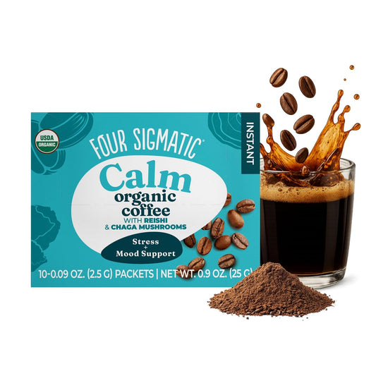 Four Sigmatic Calm Organic Instant Coffee | Medium Roast Arabica with Reishi &amp; Chaga Mushrooms for Stress Relief &amp; Mood Support | USDA Organic | Half Caffeine | 10 Packets