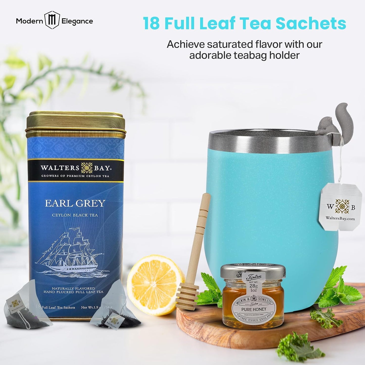 Tea Gift Set for Women – Get Well Basket with Cozy Socks, 18 Full Leaf Sachets, Honey, Tumbler & Sending Hugs Card (Earl Grey)