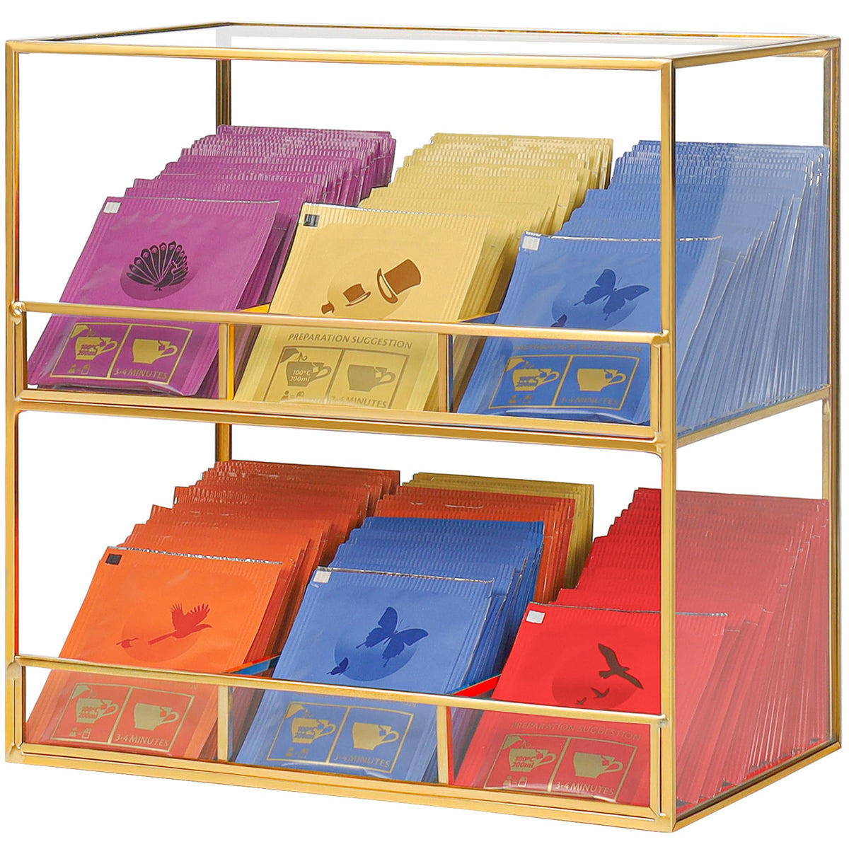 REDHUGO Glass Tea Bag Organizer for Counter, 2-Tier Teabag Organizer Storage Holder for Tea Bags, Glass Caddy Box Containers