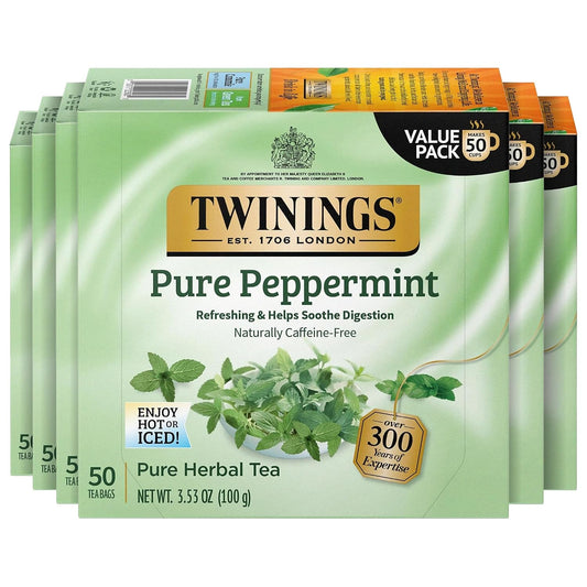 Twinings Pure Peppermint Caffeine-Free Tea Bags, 50 CT Box (6 Pack) | Fresh Minty Flavour, Soothes Digestion, Naturally Caffeine-Free, 300 Foil Lined Individually Wrapped Bags, Enjoy Hot or Iced