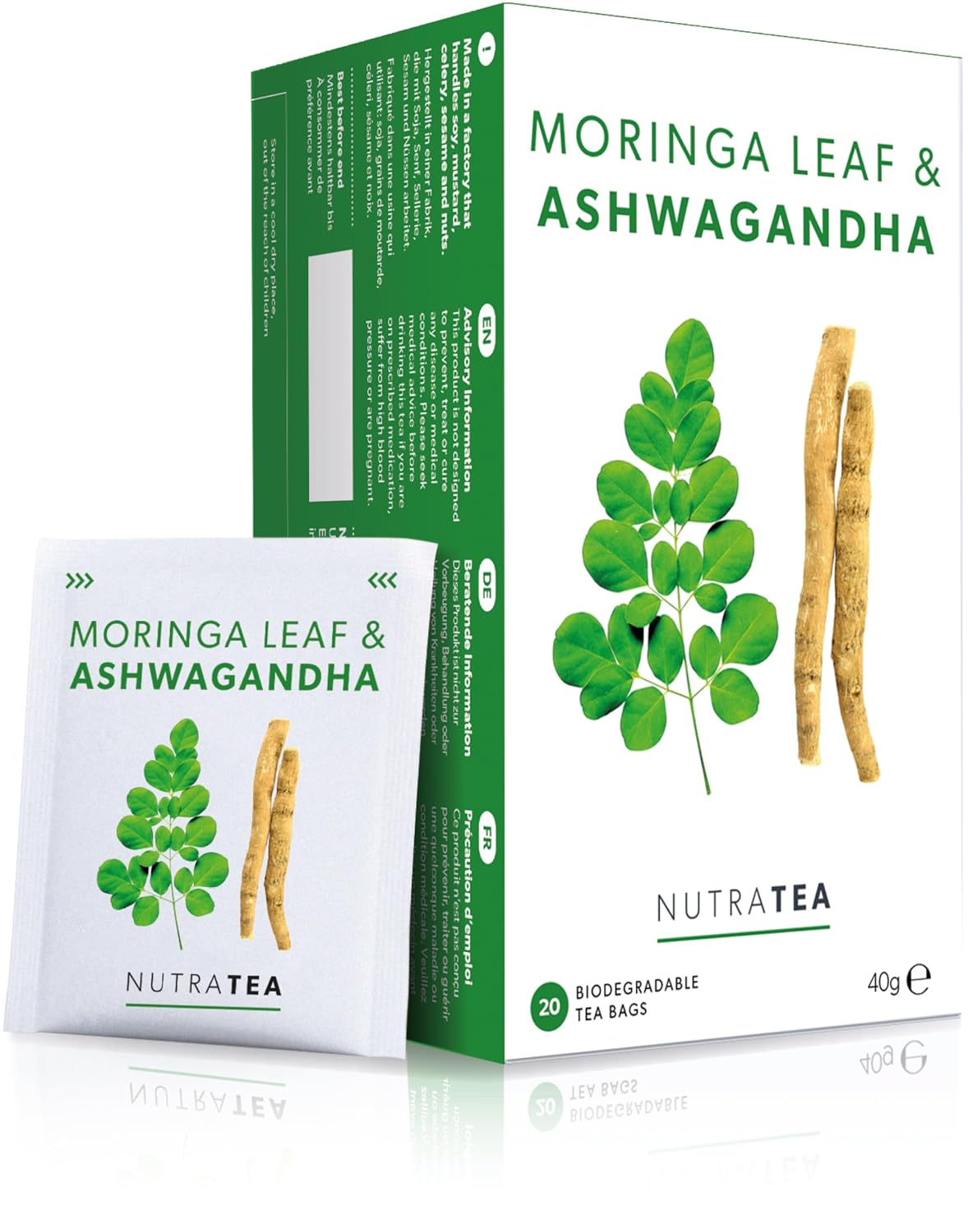 Nutra Tea - Moringa Leaf &amp; Ashwagandha – Moringa Tea Bags, Ashwagandha Tea Bags - For Mood Support and Stress Relief - 40 Individually Wrapped Bags - Herbal Infusion (2 Pack)
