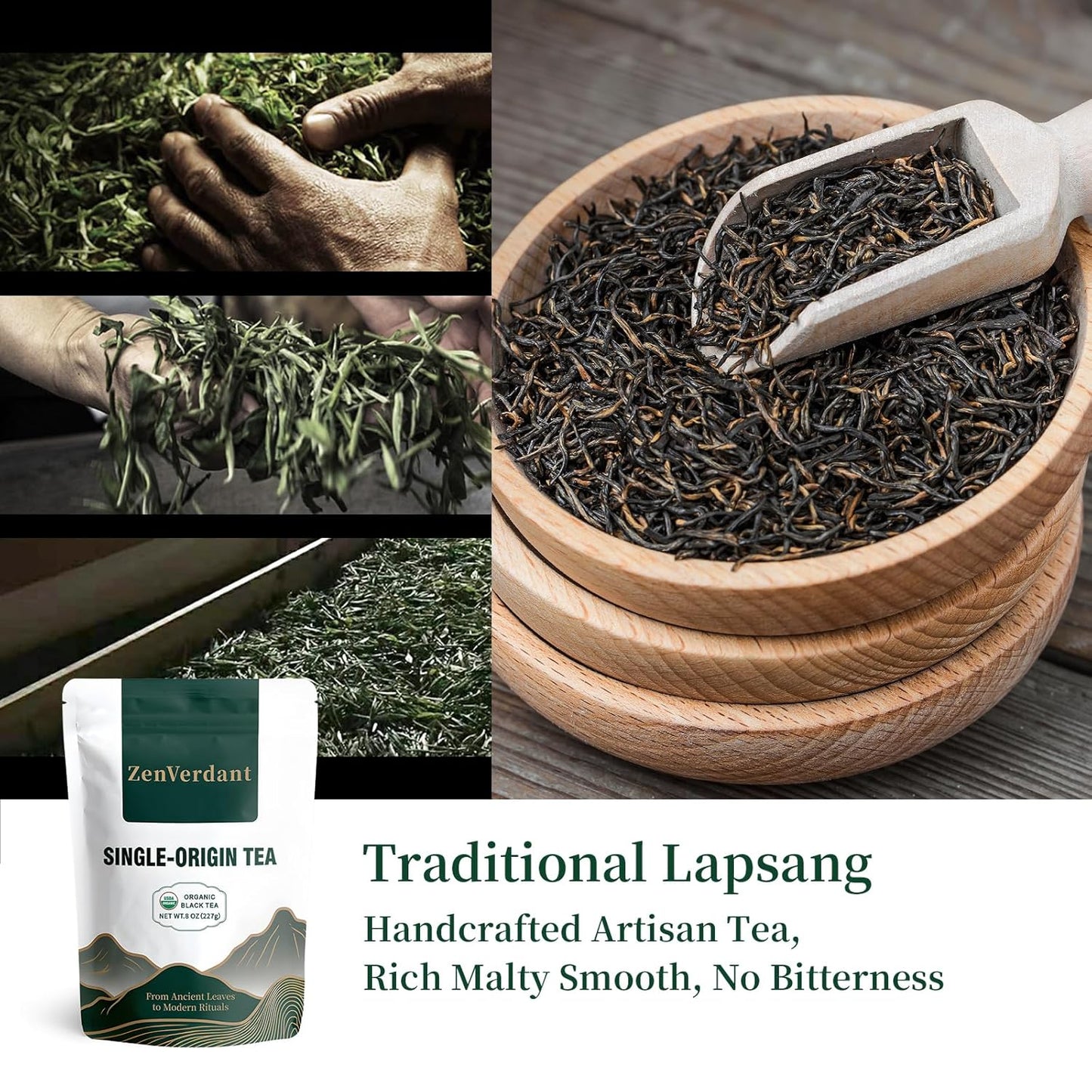 ZenVerdant USDA Organic Lapsang Souchong Black Tea 8oz, World’s Original Black Tea, Natural Smoky & Sweet Longan Flavor, Loose Leaf in Resealable Bag