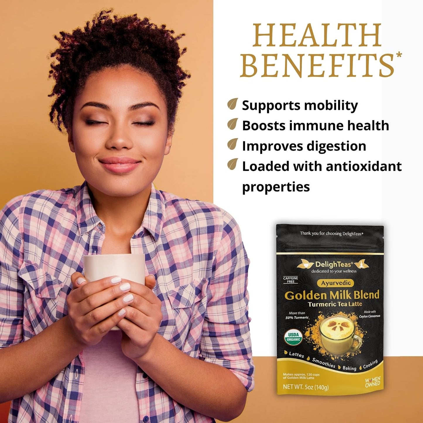 DelighTeas Organic Golden Milk Powder with Turmeric, Ginger, Ceylon Cinnamon | Ayurvedic Spices for Golden Turmeric Latt