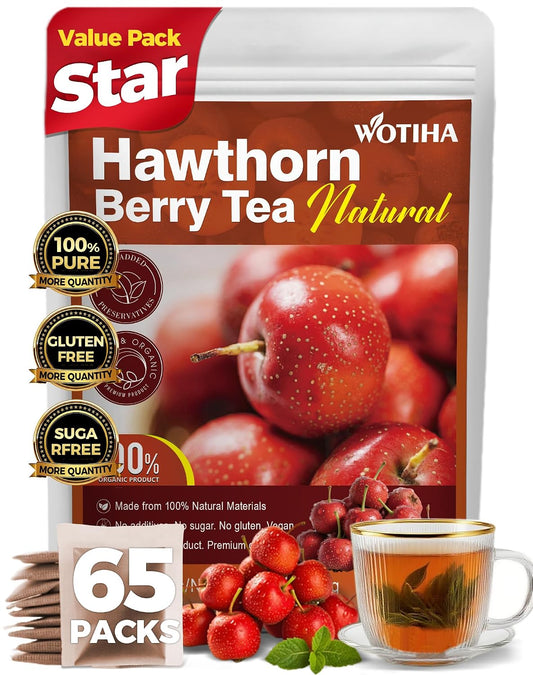 WOTIHA 65 Count Premium Hawthorn Berry Tea Bags - 100% Natural, Aids Digestion, Rich in Antioxidants, Boosts Immunity, Non-GMO Caffeine-Free, Additive-Free