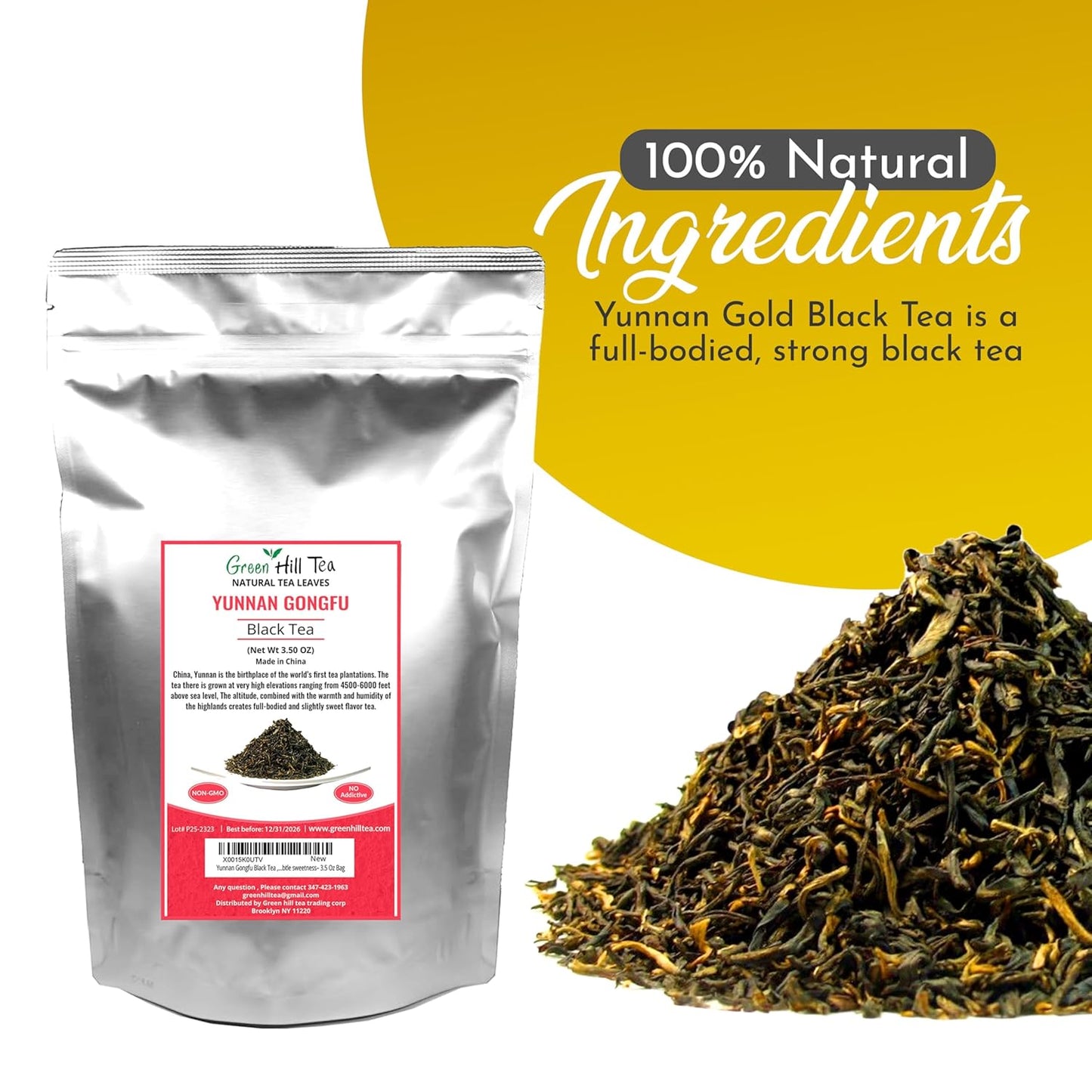 Greenhilltea Golden yunnan tea, Yunnan Gongfu Black Tea, Natural Black Tea with Excellent fullness with subtle sweetness– 3.5 Oz Bag