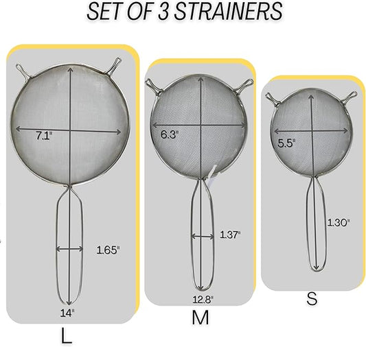 Mesh Strainers - Stainless Steel Fine Mesh Strainer - Colander-Skimmer with Handle - Sieve Sifters for Food - Strainer Sieve - Set of 3 Kitchen Strainers
