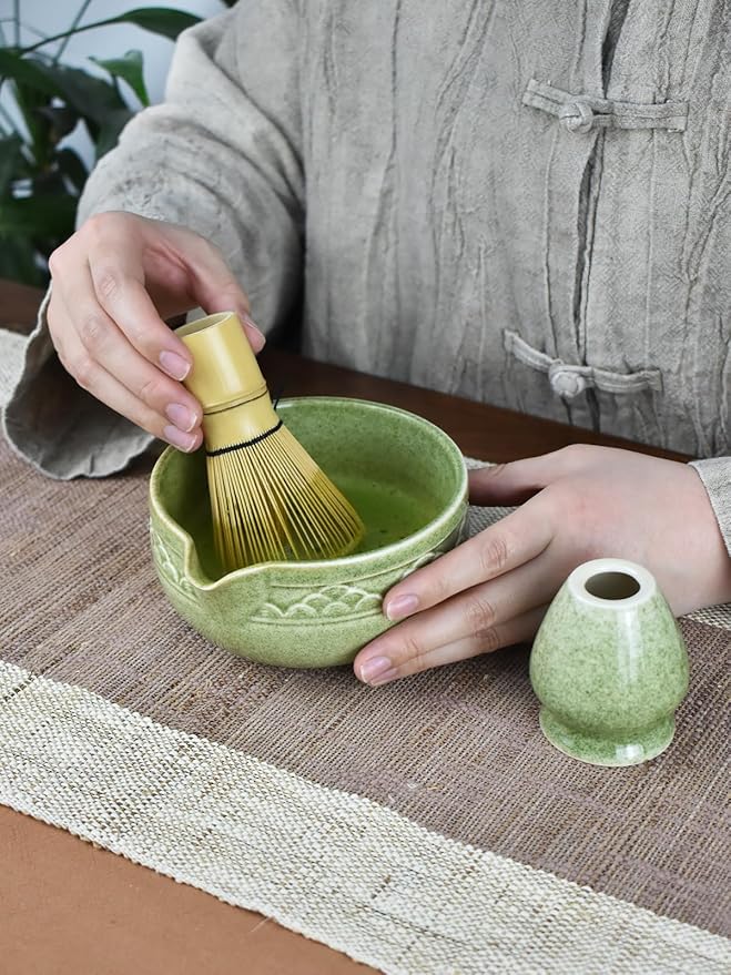 Artcome Matcha Tea Set with Pouring Spout - Green Ceramic Matcha Bowl, Bamboo Whisk, Whisk Holder