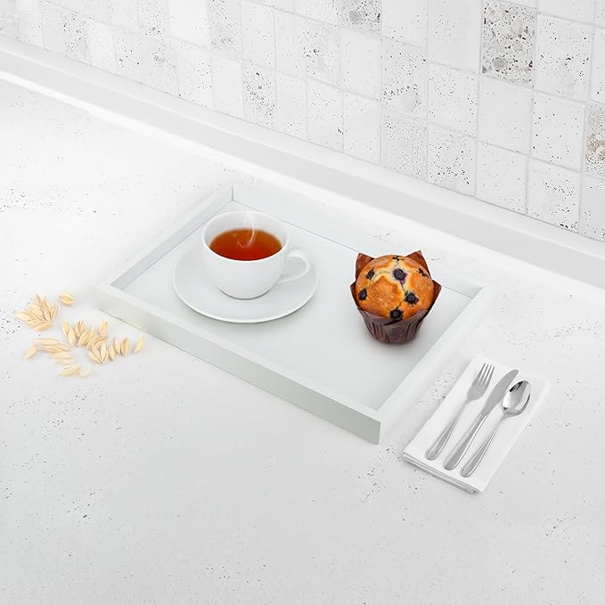 Bam & Boo Natural Bamboo Serving Tray Modern Rectangular (White, 13” x 9" x 1.2") for Food, Drinks, Decor, Vanity in Home, Kitchen, Bathroom, Coffee Table, Bed
