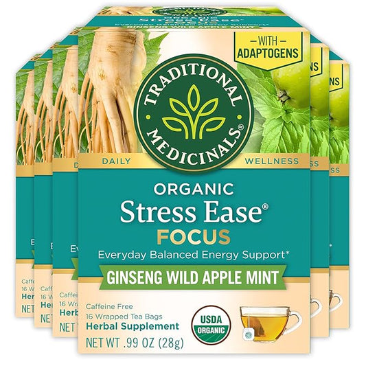 Traditional Medicinals Tea, Organic Stress Ease Focus, with Adaptogens, Everyday Balanced Energy, Ginseng Wild Apple Mint, 96 Tea Bags