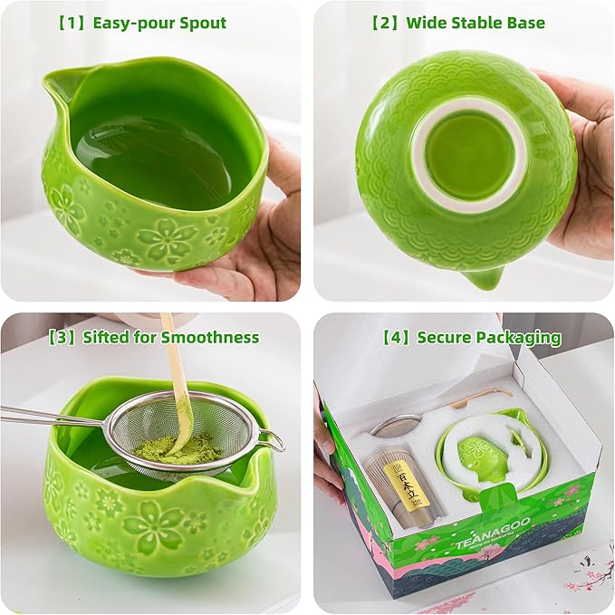 Teanagoo 7-PCS Green Matcha Whisk Set with Cherry Blossom Design, Complete Ceremony Kit, Ceramic Chawan Bowl with Spout, Whisk & Accessories
