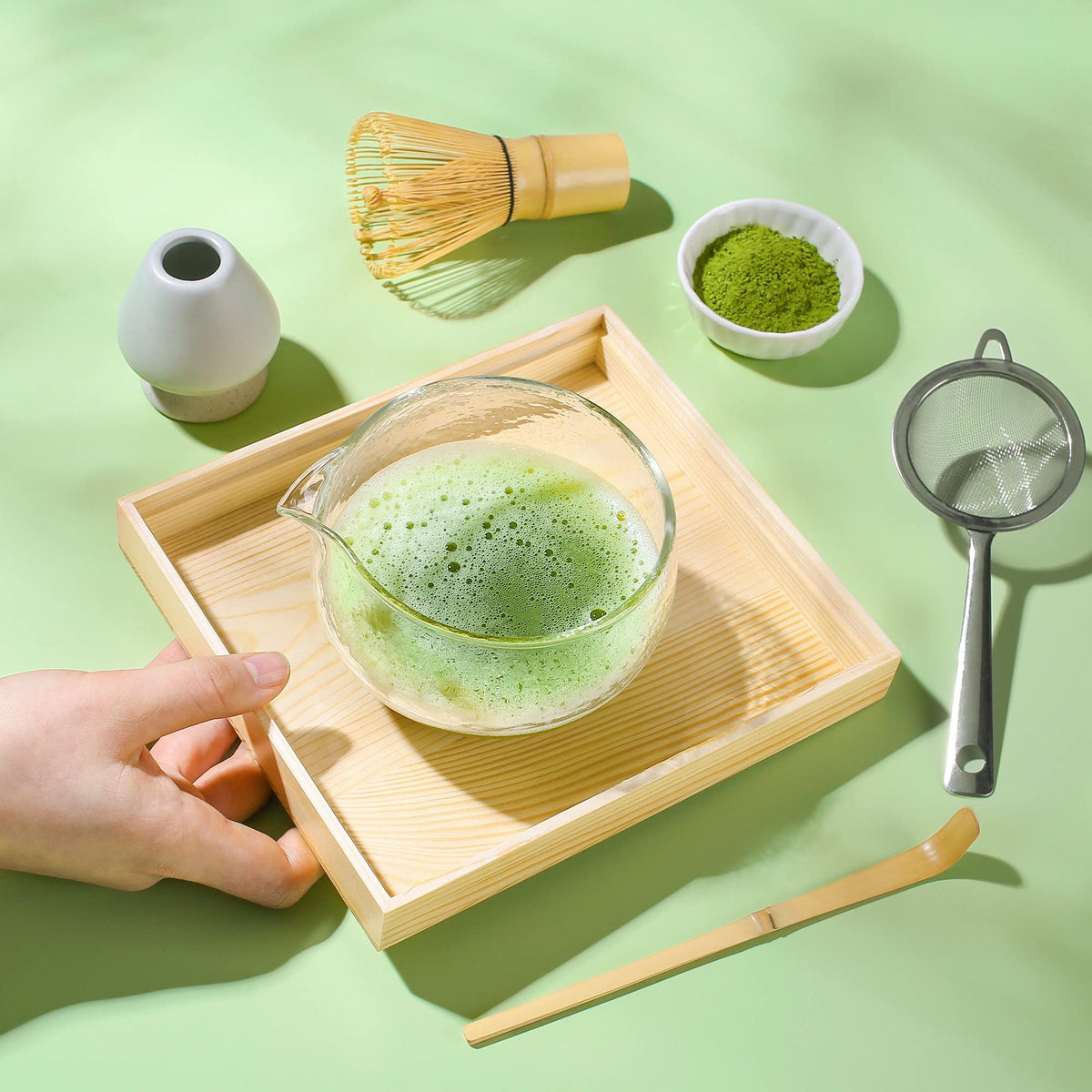 ZENRC Textured Glass Matcha Bowl With Pouring Spout - Handmade Japanese Style Matcha Green Tea Ceremony Chawan 400ml 13.5 oz