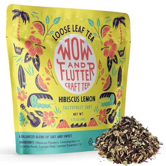 Wow and Flutter Hibiscus Lemon Loose Leaf Herbal Tea, Caffeine Free 1.75 oz | Organic Lemongrass blended with lemon peel, tart-sweet balance in every cup of hot, iced or cold brew