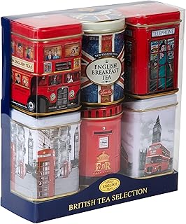 New English Teas British Icons 6x Tea Tin Gift Pack with 5 oz Loose English Tea - Union Jack, London Bus and Phone Box, UK Souvenir