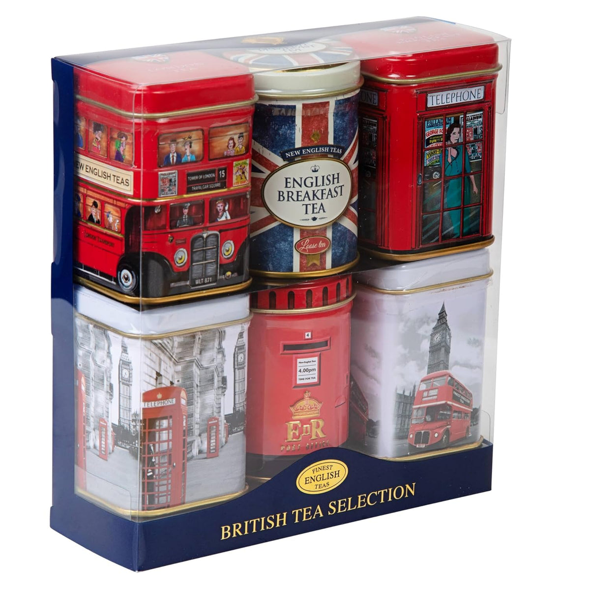 New English Teas British Icons 6x Tea Tin Gift Pack with 5 oz Loose English Tea - Union Jack, London Bus and Phone Box, UK Souvenir